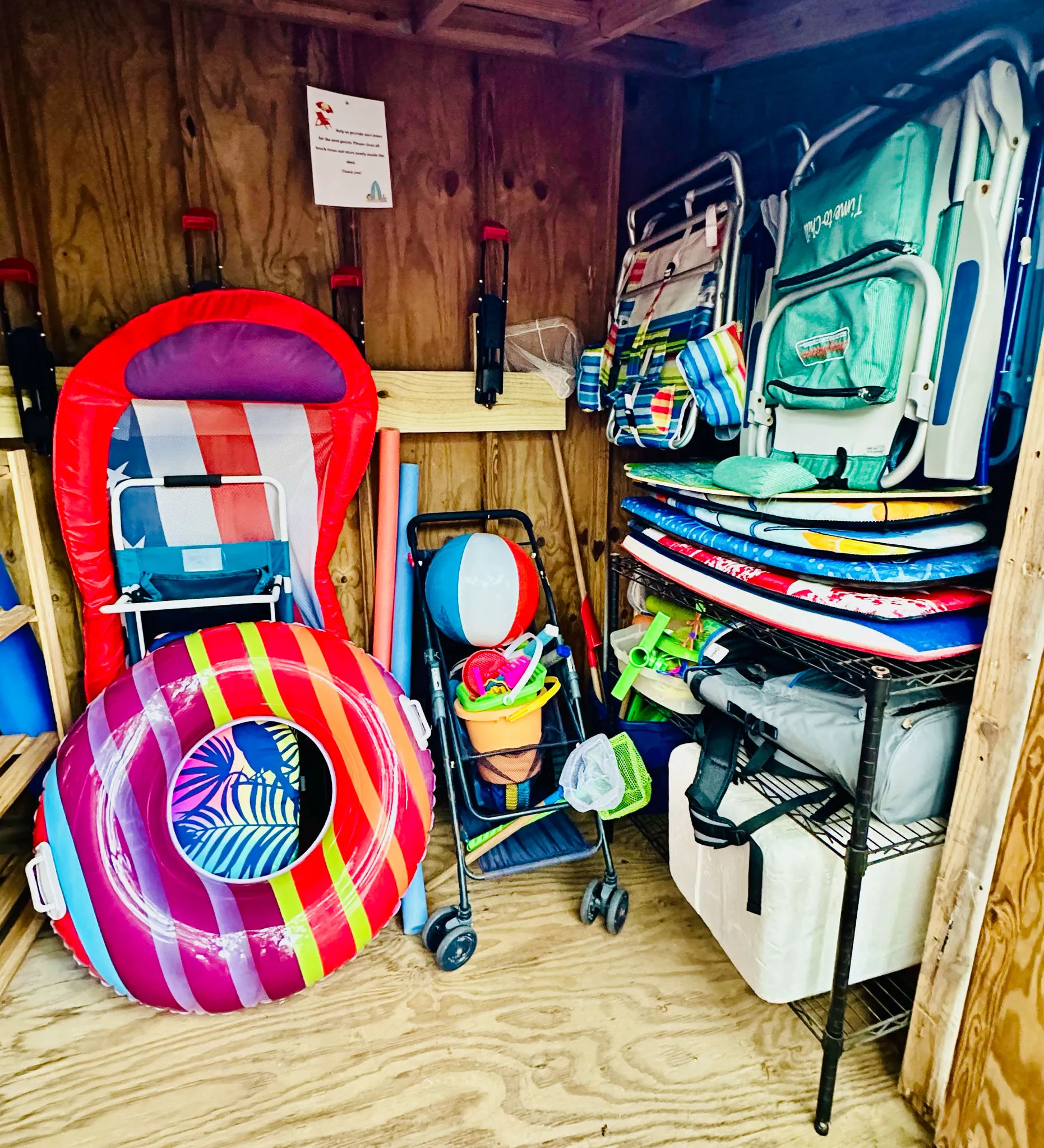 Beach Gear in Outdoor Shed for Guests to Use