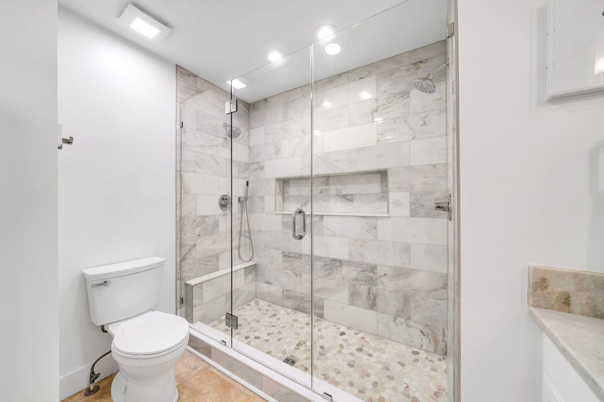 Primary Suite 2 Ensuite Bathroom--Large Dual Head Shower and Double Vanities