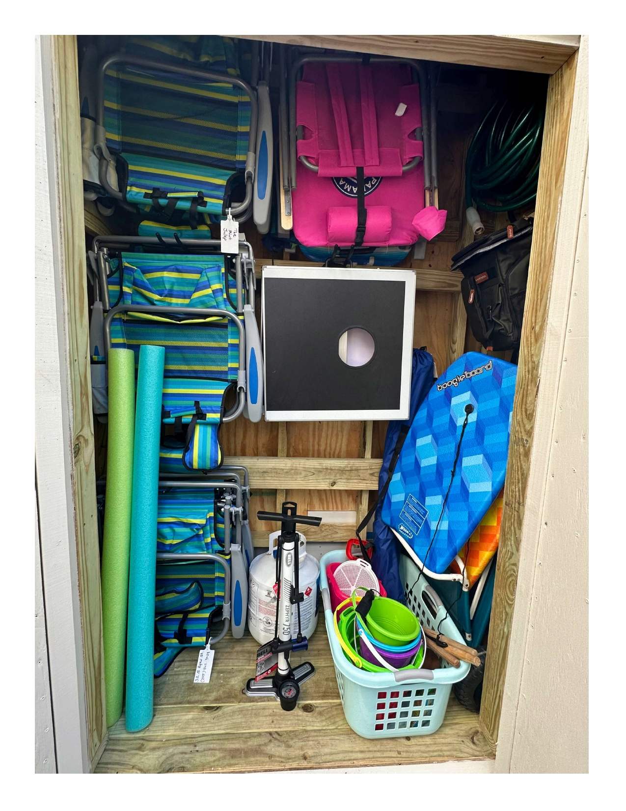 Beach Shed: Backpack Beach Chairs, Cooler, Beach Cart, Boogie Boards, Noodles, and a Corn Hole set for Backyard Fund